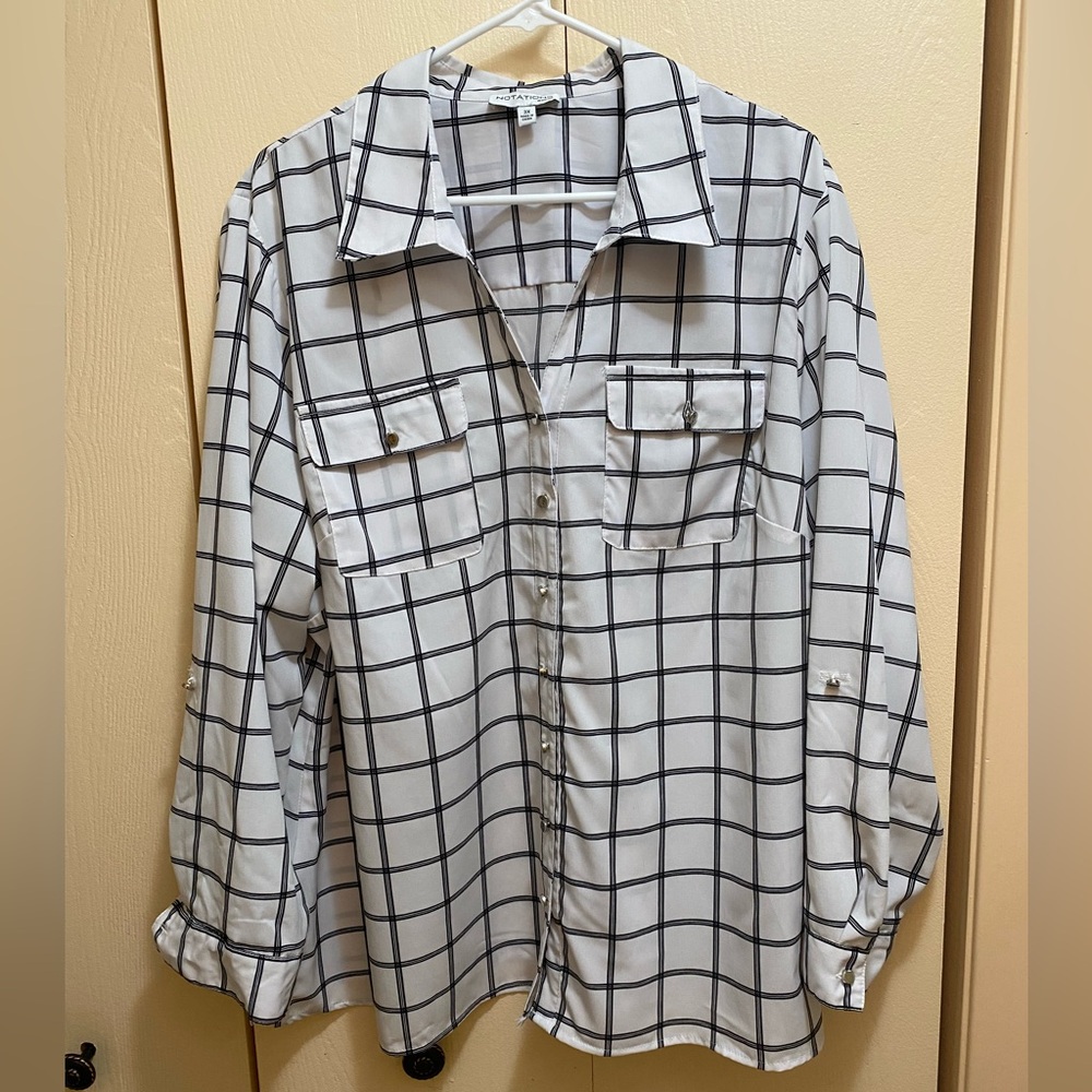 Notations Career Womans Plus Sz 3X Long Or 3/4 Sleeve Blouse Top White Plaid